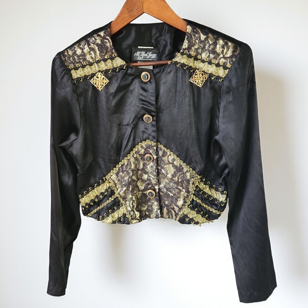 Vintage All That Jazz Cropped Satin Lame' Embellished Top Black Gold Button Up